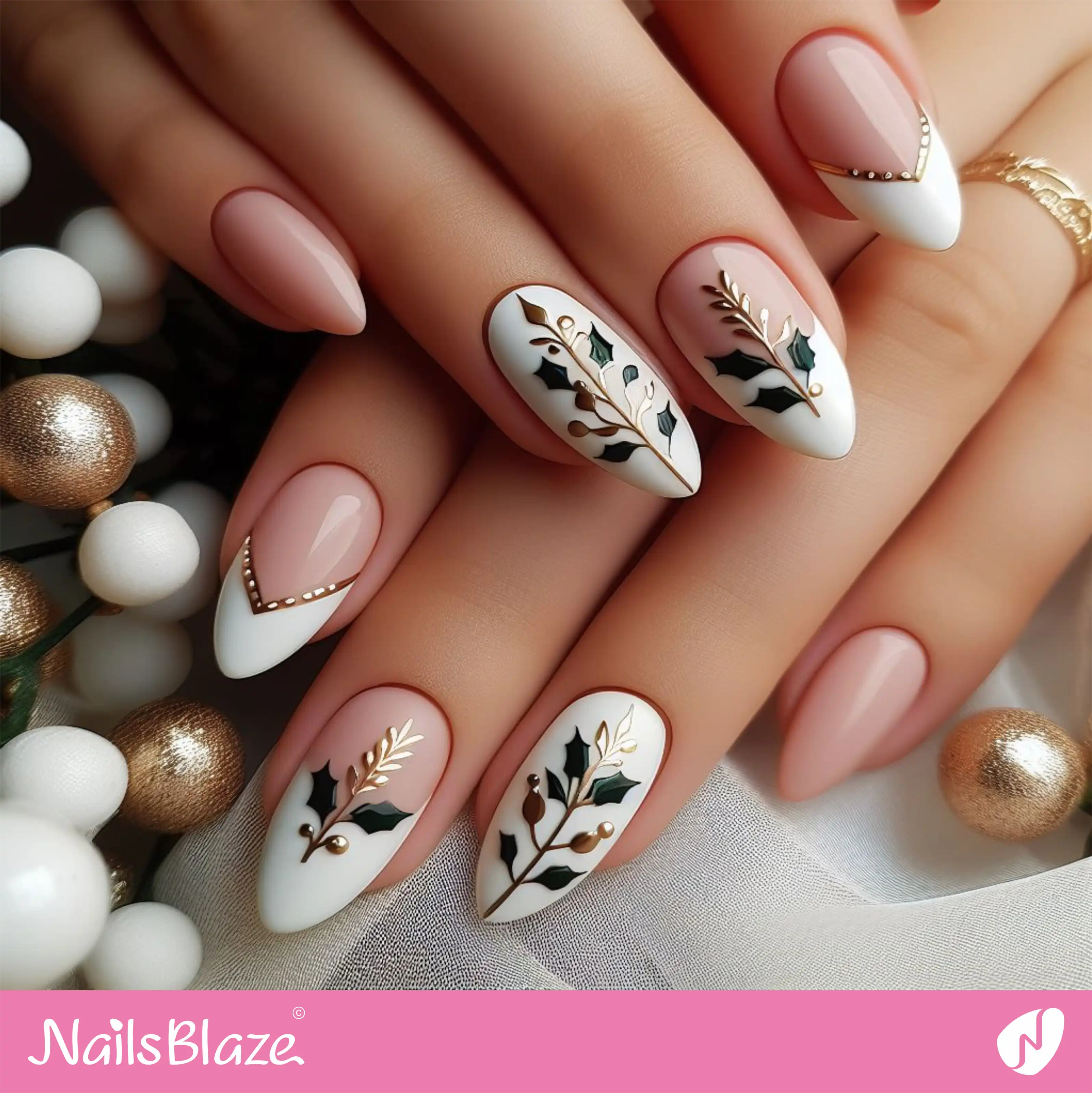 Luxury Holly Leaf French Nails | Nature-inspired Nails - NB1657